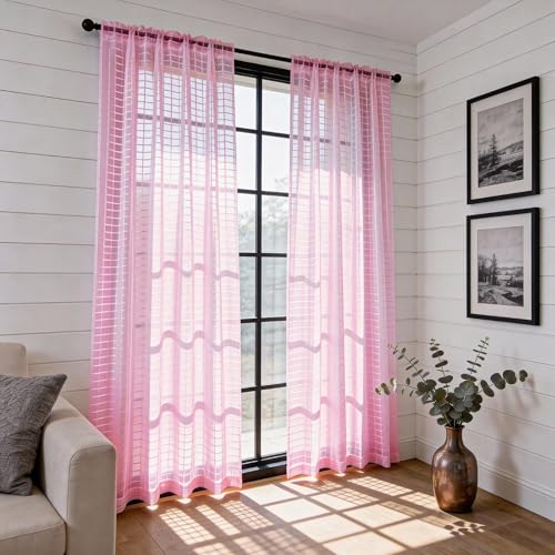 Check Sheer Curtains 90 Inches 2 Panels Set (Check - Pink / 52"W x 90"L (Pack of 2))