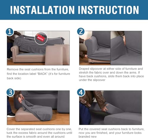 4 Piece Stretch Sofa Covers for 3 Cushion Couch Covers for Living Room Furniture Slipcovers (Large Plus / Grey)