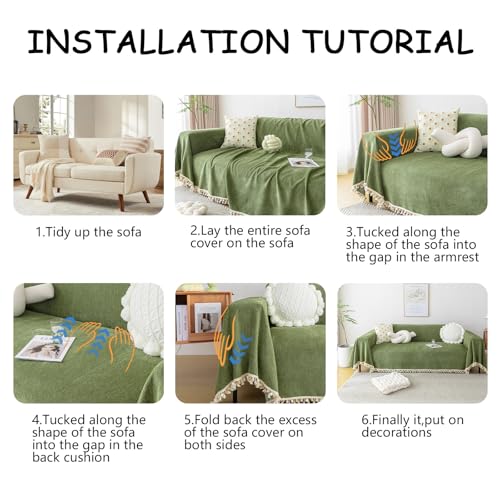 Green Sofa Cover Vintage Couch Cover for Dogs 71" X118" Couch Cushion Covers with Tassel Herringbone Sofa Cover Boho Sofa Covers for 3 Cushion Couch Chenille Soft Loveseat Sofa Covers (71" x 118" / Tassel Ball: Green)