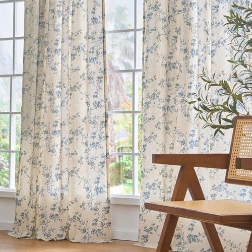 Extra Long Blue Vintage Floral Linen Curtains Farmhouse 2 Panels (Blue on Beige / 50"W x 108"L (Pack of 2))