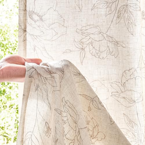 Linen Floral Curtains for Living Room 84 Inch Length Taupe Flower Curtain Rod Pocket Back Tab Farmhouse Curtains with Printed Floral Bedroom Window Curtain Set (Penny Taupe on Ecru / 50"W x 84"L (Pack of 2))