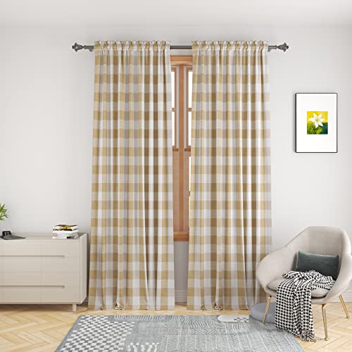 Beige White Buffalo Check Window Curtains 92 inches Long Living Room Cotton Curtain Panels Bedroom Drapes Plaid Gingham Farmhouse Decor Curtains Rod Pocket Kitchen Basement 2 Panels 52"x92" (52"W x 92"L (Pack of 2) / Beige+white)