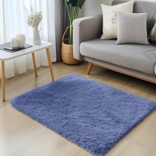 2x3 Machine Washable Small Bedside Rug (2x3 Ft / Denim Blue)