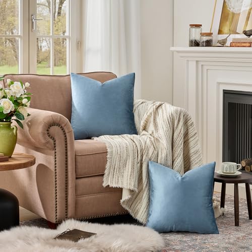Stone Blue Velvet Throw Pillow Covers 16x16 Pack of 2 (Stone Blue / 16" x 16" (Pack of 2))