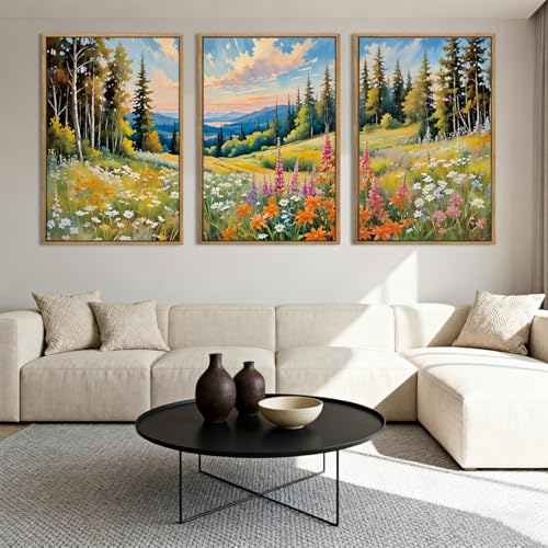 Colorful Woodland Wall Art Large Floral Field Wall Decor 16x24 Inch Set of 3 for Living Room Bedroom Dining Room (24"L x 16"W / Colorful Nature)