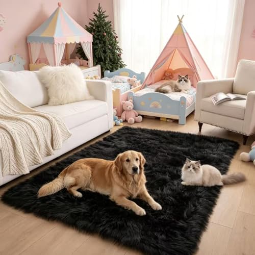 Faux Fur Rug Black Sheepskin Area Rug (Black / 4' x 6' (Rectangular))