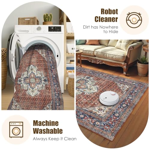 Washable Area Rug 9' x 12' Vintage Traditional Persian Mat (Terracotta and Navy / 9' x 12' (Rectangular))
