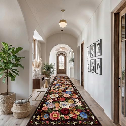 Black Brown Floral Hallway Runner Rug 2.6x14 for Bedroom Kitchen (Espresso / 2'6" x 14' (Rectangular))