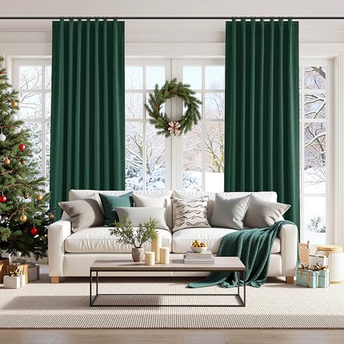 Dark Green 100% Blackout Linen Curtains 84 Inch Length 2 Panels Set for Living Room Back Tab Thermal Insulated Black Out Drapes Room Darkening Farmhouse Style for Bedroom Curtains 52x84 (Dark Green / 52"W x 84"L (Pack of 2))