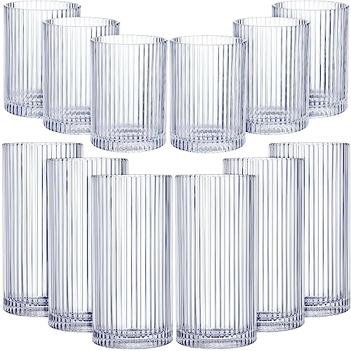 12 Pcs Ribbed Drinking Glasses Clear Vintage Cups Set (9 oz 12 oz)
