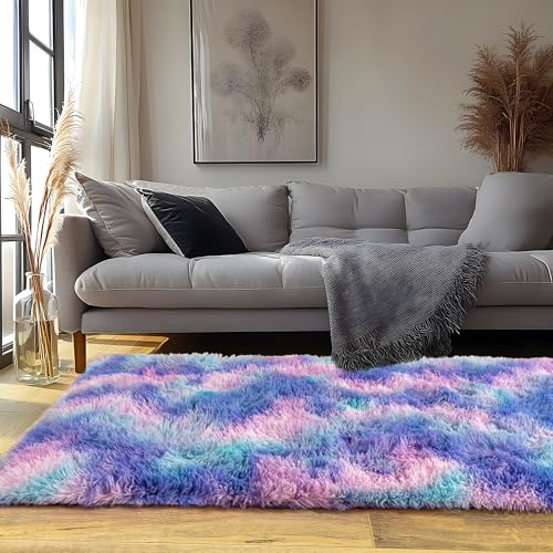 Runner Rugs for Bedroom 2x6 Rug Runners for Hallways Non Slip Soft Shag Bedside Rug (2' x 6' (Rectangular) / Rainbow Purple)