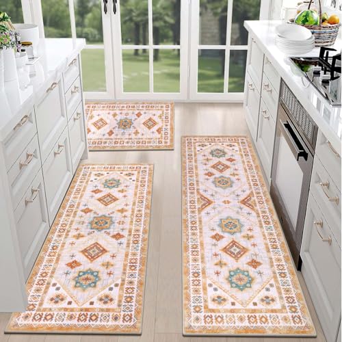HEBE Boho Kitchen Rugs Set of 3 (Colorful Cream / 20"x32"+20"x48"+20"x59")