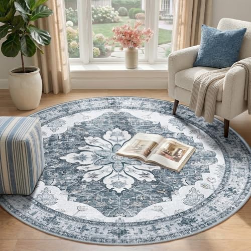 Washable Area Rug (Grey/White/Beige / 4' (Round))