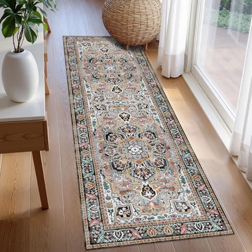Washable Area Rug 2'6'' x 8' Vintage Traditional Persian Mat (Slate and Multicolor / 2'6" x 8' (Rectangular))