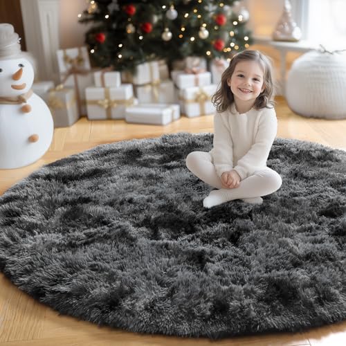 Tie Dyed Dark Grey Round Circle Rug 8Ft for Bedroom Living Room (Tie-dyed Dark Grey / 8' (Round))