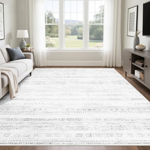 8x10 Washable Area Rugs for Living Room (8' x 10' (Rectangular) / Moroccan-gray-white)