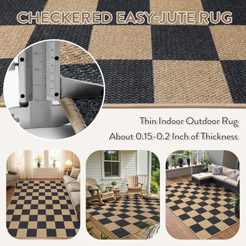 Checkered Easy Jute 5x7 Outdoor Patio Rug (5' x 7' (Rectangular) / Black/Checkerboard -1)