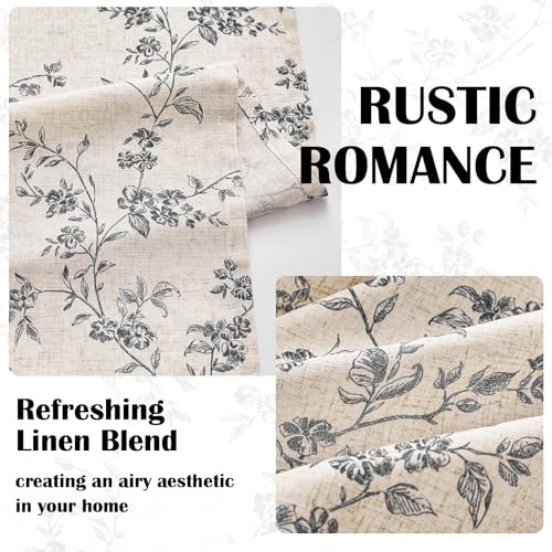 Black Vintage Floral Linen Curtains Farmhouse 50W X 84L 2 Panels (Black on Beige / 50"W x 84"L (Pack of 2))
