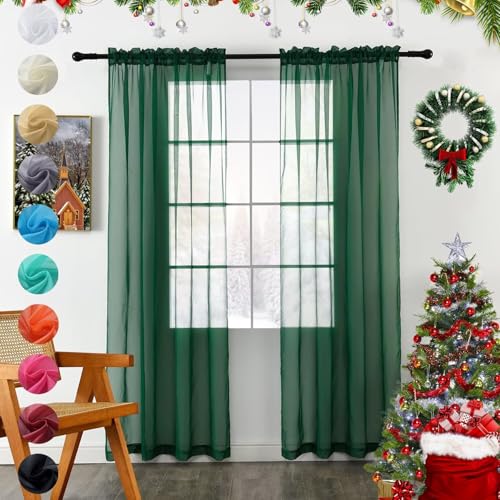 Solid Sheer Rod Pocket Curtain Voile Draperies 2 Panels White Beige Black Grey Coffee 60 Inch Width 72 Inch Long 1 Pair for Kitchen Bedroom Children Living Room Yard (Foliage Green / 60"W x 72"L (Pack of 2))