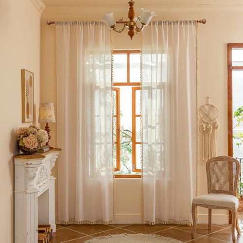 Natural Boho Sheer Curtains with Macrame 63 Inches Length for Short Window Treatment