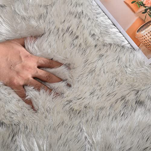 White and Grey Round Rugs 6ft Circle Furry Rug for Living Room Washable Shag Faux Sheepskin Fluffy Fur Rugs for Bedroom Nursery Rug (6' (Round) / White With Grey Tips)