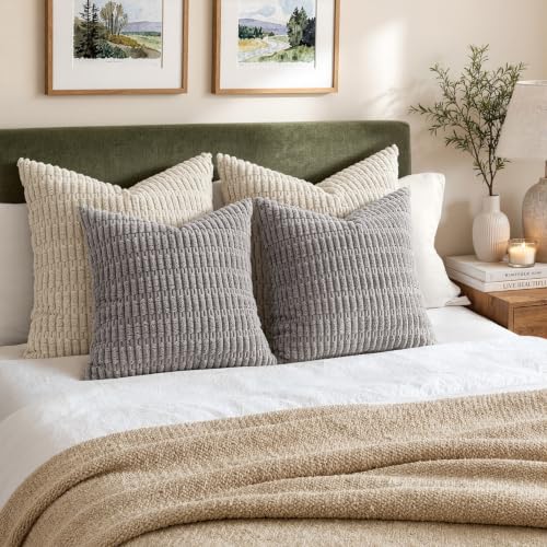 Corduroy Decorative Throw Pillow Covers 18x18 Light Grey Pack of 2 (Light Grey / 18" x 18" (Pack of 2))