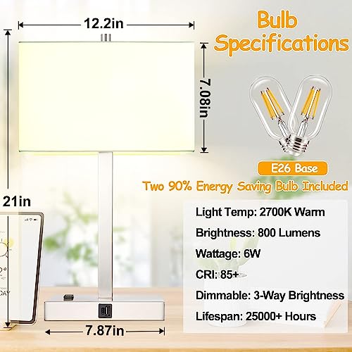 21" Touch Bedside lamps with 2 USB & AC Outlets (White Cream Linen & Brushed Nickel)