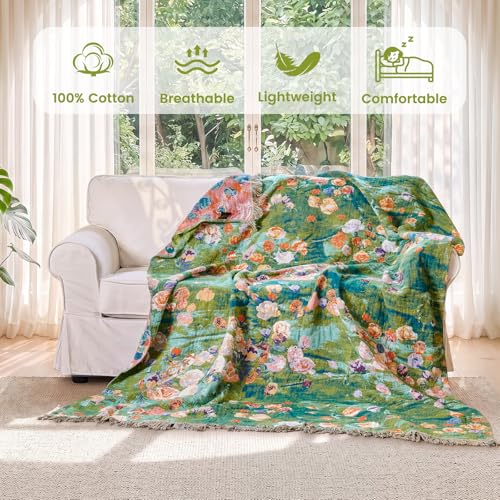 Boho Throw Blanket 50"x60" Cotton Floral Muslin Blanket for Sofa (Green Garden / 50"x60")