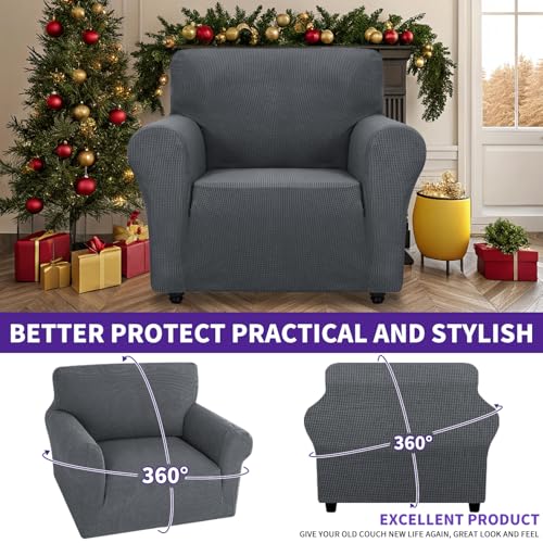 Super Stretch Chair Slipcover Universal Sofa Chair Covers for Living Room Dogs Pet Furniture Protector Spandex Armchair Slipcovers with Anti Slip Foam Sticks (Dark Grey / Small (30"-47"))