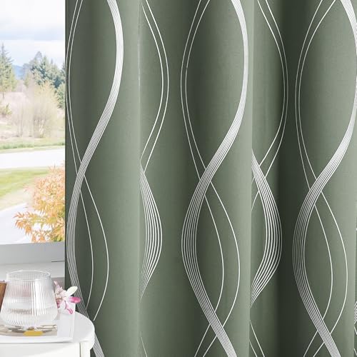 100% Blackout Print Curtains 63 inch Long (100% Blackout - Greyish Green / 52"W x 63"L (Pack of 2))