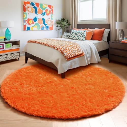 Orange Round Shag Kids Rug 4Ft for Bedroom Living Room Classroom (Orange / 4' (Round))