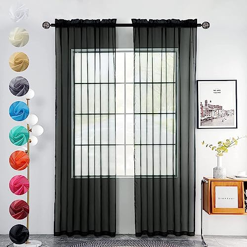 Solid Sheer Rod Pocket Curtain Voile Draperies 2 Panels White Beige Black Grey Coffee 52 Inch Width 96 Inch Long 1 Pair for Kitchen Bedroom Children Living Room Yard (Black / 52"W x 96"L (Pack of 2))