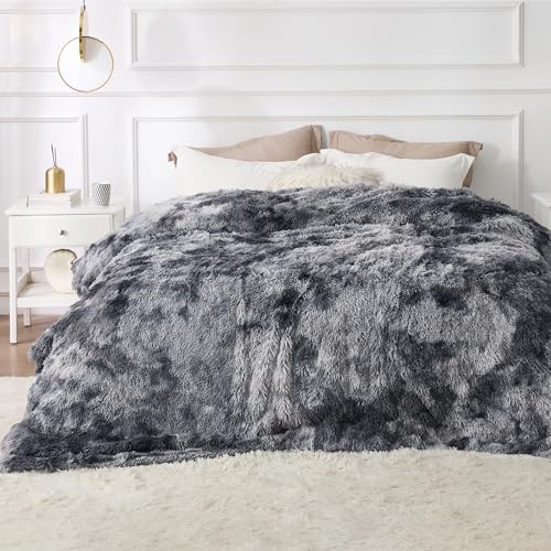 Faux Fur Fluffy Sherpa Fleece King Bed Blanket Grey 108"x90" (01- Tie Dye Grey / King (108" X 90"))