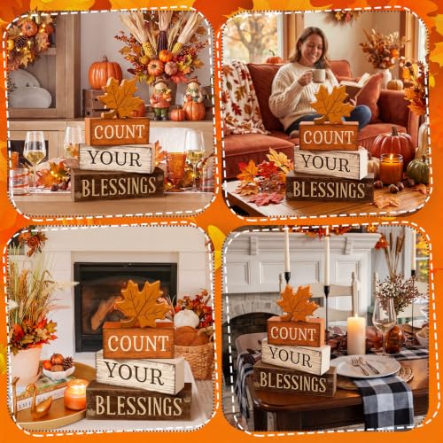4 Pcs Fall Table Decoration Rustic Maple Leaf Stacked Wooden Blocks (Count Your Blessings)