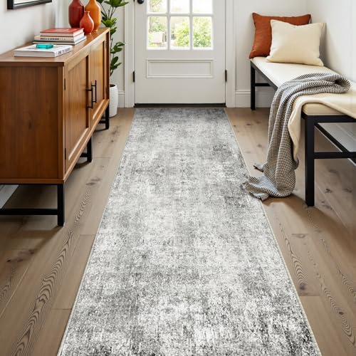 Washable Runner 2'x8' Abstract Area Rug for Hallway Gray White (Gray/White / 2' x 8' (Runner))