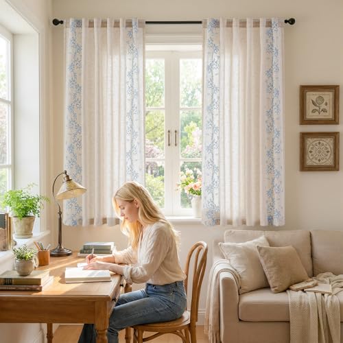 Floral Linen Curtains 63 Inch Farmhouse Back Tab 2 Panels (Vine | Sky Blue / 50"W x 63"L (Pack of 2))