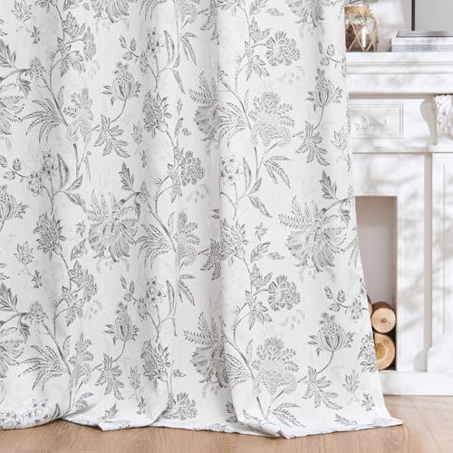 Light Grey Floral Linen Curtains 84 Inch Vintage Back Tab 2 Panels (*Jacobean Light Grey / 50"W x 84"L (Pack of 2))