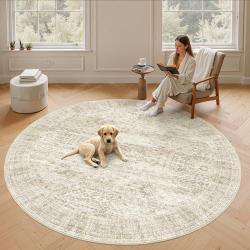 Round Rugs 8ft Living Room Circle Area Rug 8x8 Beige Vintage (Beige / 8' (Round))