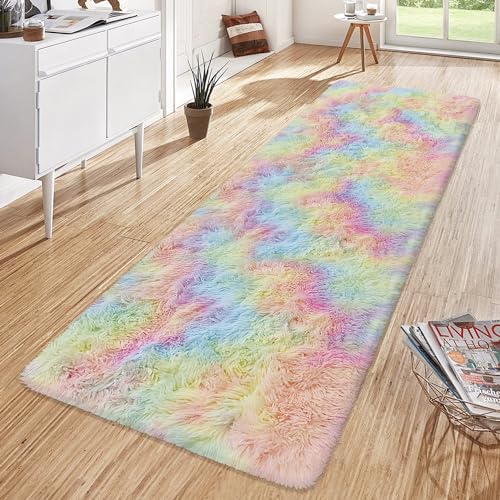 Fluffy Rainbow Rug for Girls Bedroom 2x6 Feet Kawaii Tie Dye Runner Rug Cute Colorful Unicorn Area Rug for Kids Teens Nursery Baby Princess Room Living Room Dorm Home Decor Mat Carpets (Tie-dyed Rainbow / 2' x 6' (Runner))