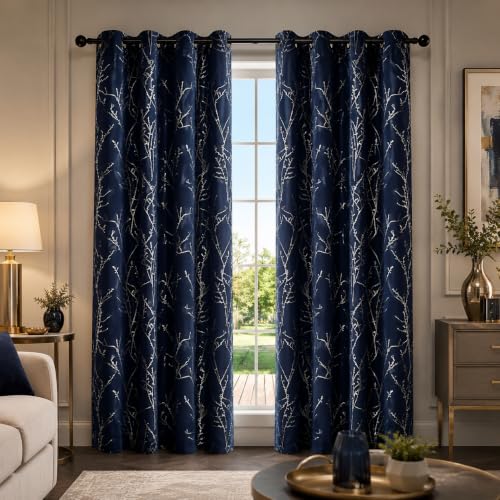 Living Room Curtains 63 Inches Long (Navy Blue/Tree Branch / 42"W x 63"L (Pack of 2))