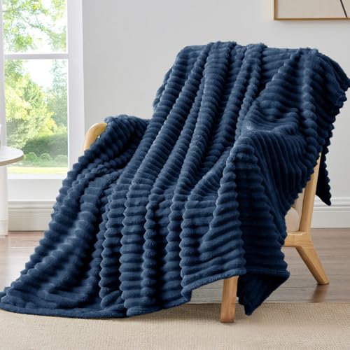 Ribbed Fleece Throw Blanket for Couch (Navy / Throw XL(50"x70"))