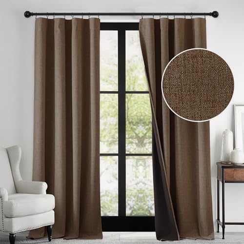 100% Blackout Polyester Textured Curtains 90 Inch Long for Nursery (Brown / 52"W x 90"L (Pack of 2))