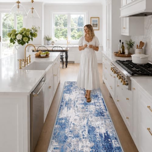 Washable Runner 2'x6' Abstract Area Rug for Hallway Blue Gray (Blue/Gray / 2' x 6' (Runner))