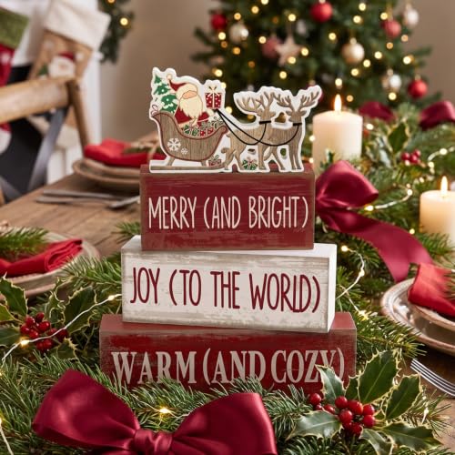 4 Pcs Christmas Table Decoration for Home Wooden Santa Sleigh Signs (Santa Claus Gifts)