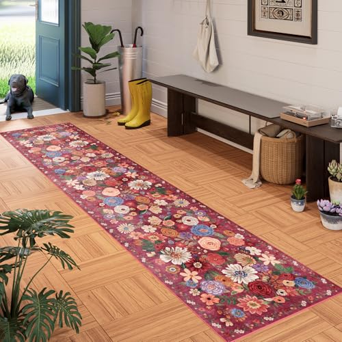 Red Floral Hallway Runner Rug 2x10 for Kitchen Bathroom (Red / 2' x 10' (Rectangular))