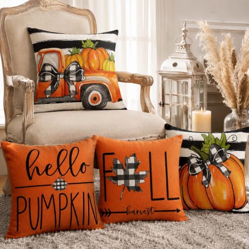 Fall Throw Pillow Covers for Home Strip Pumpkin Pillowcase 18x18 Set of 4 (Fall 01)