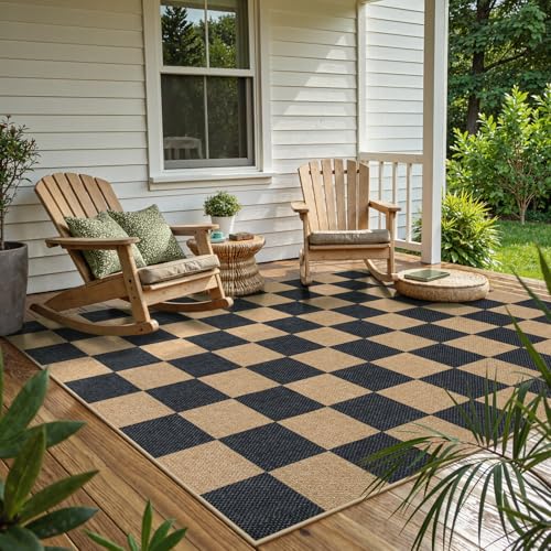 Checkered Easy Jute 5x7 Outdoor Patio Rug (5' x 7' (Rectangular) / Black/Checkerboard -1)