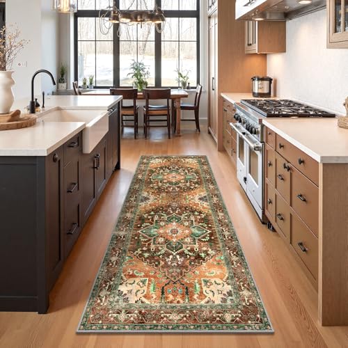 Washable Runner Rug (3 x 8 Feet / Rust/Dull Teal)