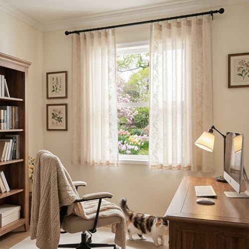 Floral Linen Curtains 63 Inch Farmhouse Back Tab 2 Panels (Vine | Ivory / 50"W x 63"L (Pack of 2))