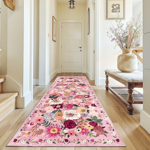 Pink Floral Hallway Runner Rug 3x7 for Bedroom Kitchen (Pink / 3' x 7' (Rectangular))